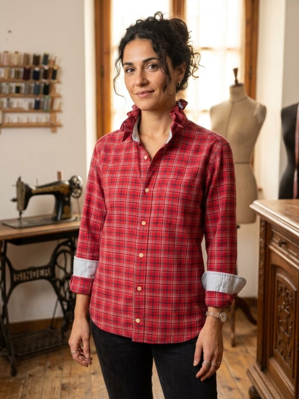 Upcycled Red Plaid Ruffle Collar Blouse | Women’s Size Small/Medium